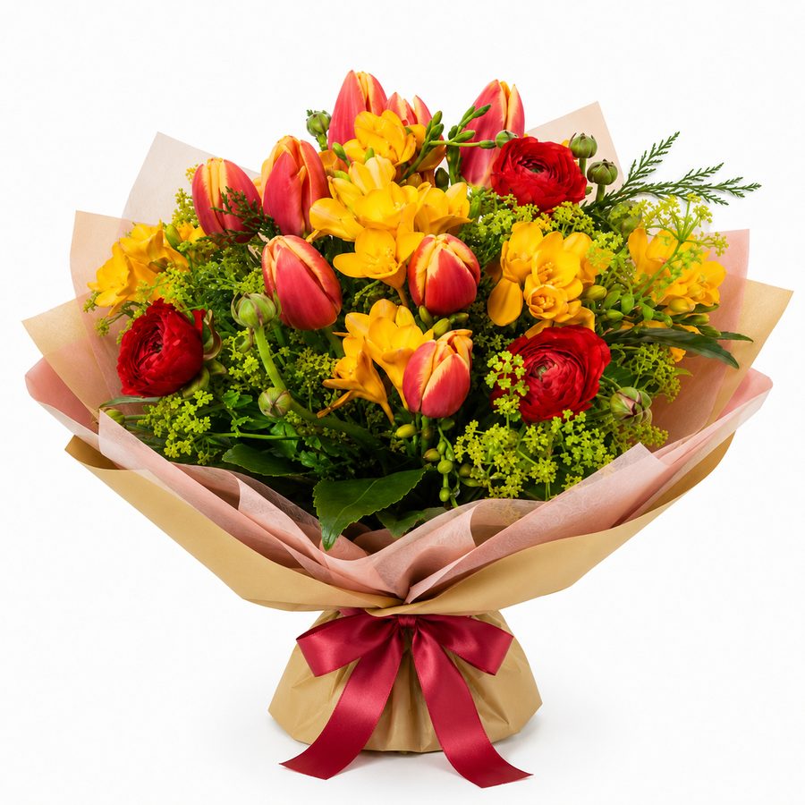 Bouquet di fiori misti colorati con tulipani rossi e fresie gialle, consegna a Napoli