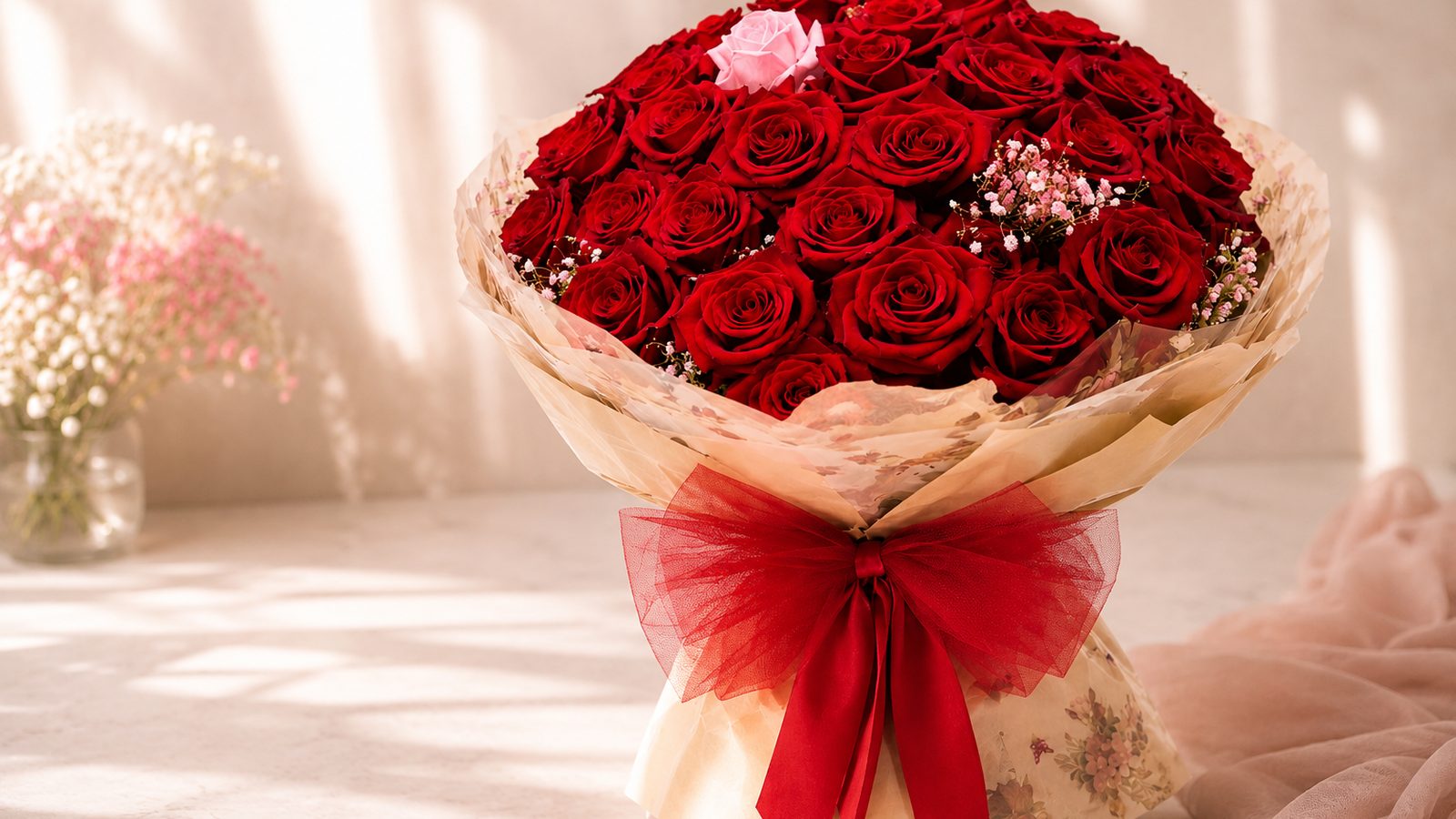 Consegna fiori a domicilio a Napoli: grande bouquet di rose rosse su tavolo di marmo pronto per essere portato a casa